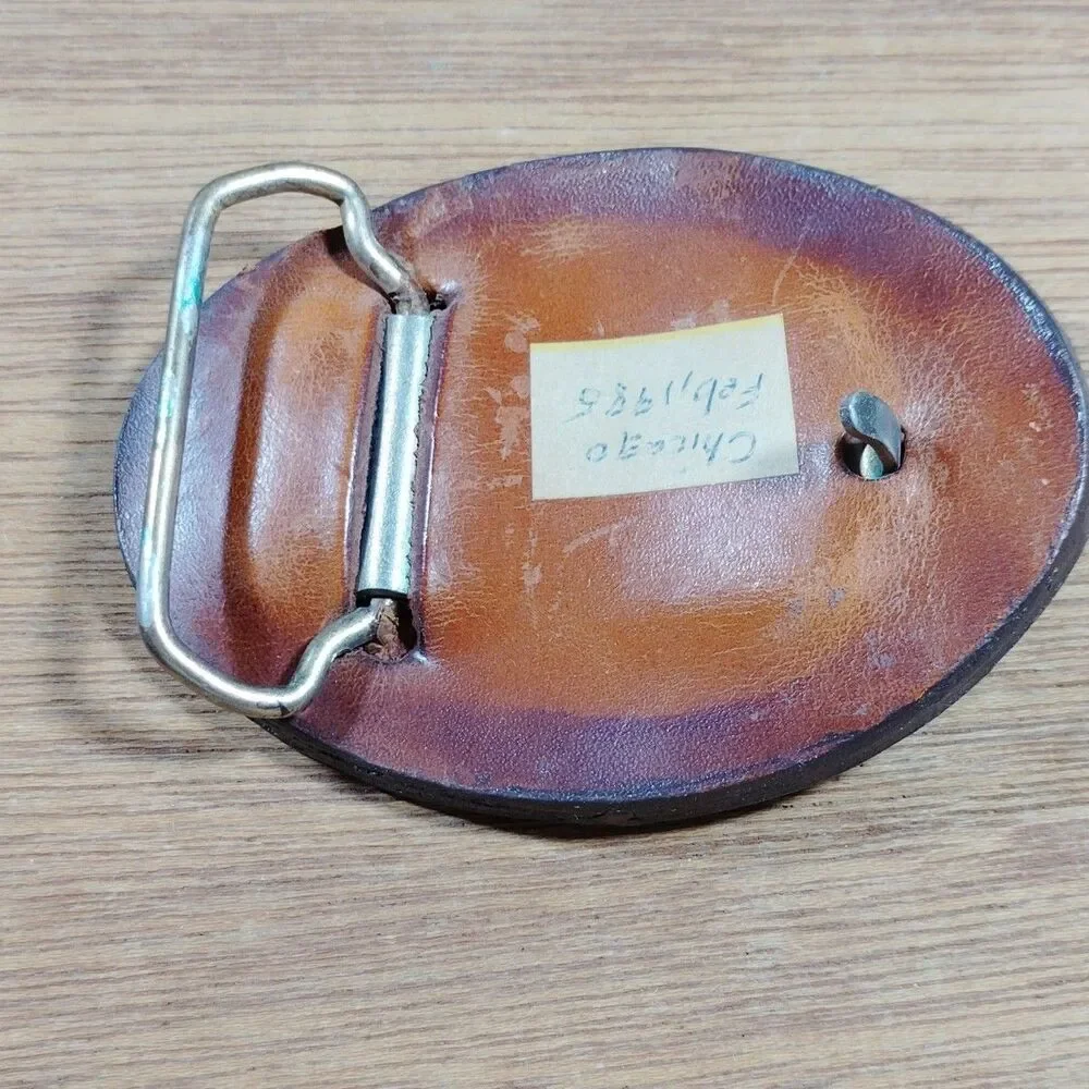 Vintage Leather Unicorn Belt Buckle Oval Carved Margical Mythical SIGNED 1983